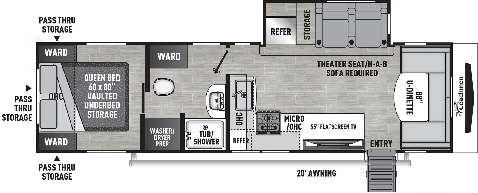 The 298FDS has one slideout and one entry. Exterior features rear pass-thru storage, 20 foot awning, and pull-out camp kitchen. Interior layout front to back: u-dinette; off-door side slideout with theater seat/hide-a-bed sofa, storage, and refrigerator; door side entry, kitchen counter, tv, overhead cabinet, microwave, counter wraps to inner wall with sink; pass-thru split full bathroom with wardrobe, and washer/dryer prep; rear front-facing queen bed with vaulted underbed storage, overhead cabinet, and wardrobes on each side.